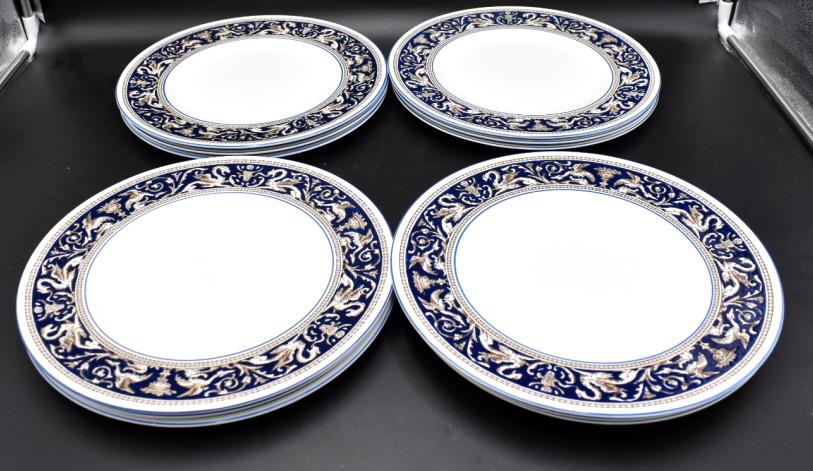 12 Wedgwood Florentine Dinner Plates Cobalt: Dinner, Bone China, Made in England, pattern W1956, 12 in number, measuring 10.75" across, see photo