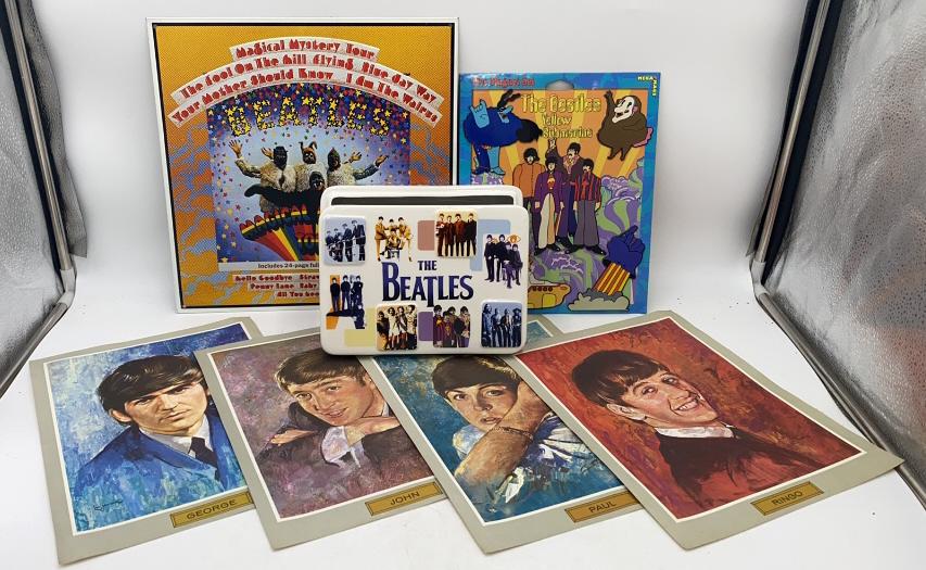 7 Beatles Collectibles: Porcelain Box, other pieces, see photos