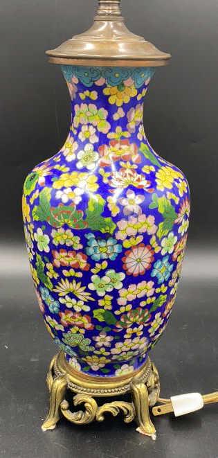 Chinese Cloisonne Gilt Vase Lamp: Vase measures 10 inches tall with slight damage (see photos), total height is 24 inches with harp, see photos