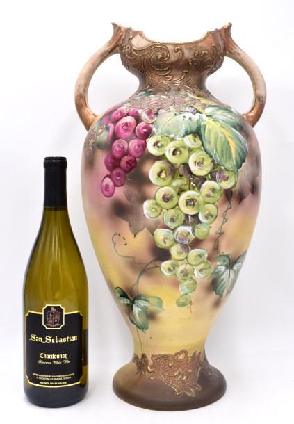 Nippon Style Large Moriage Vase: Doubled handled with grape vine motif, unmarked, 18.5 x 10 inches, see photos