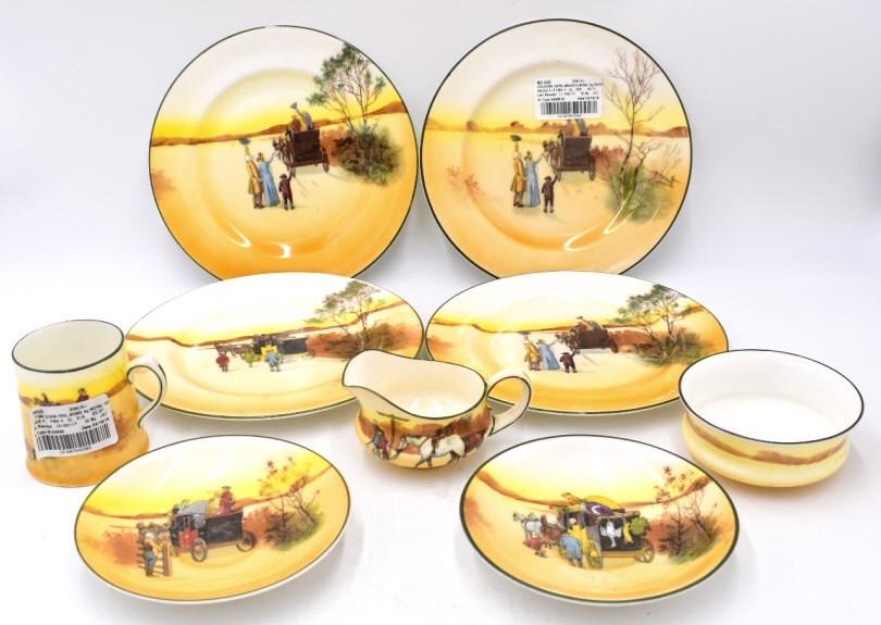 9 Pieces Royal Doulton Fine Bone China: 1 John Peel Hunting cup, 8 pieces Coaching Days ( 4 plates, 2 saucers, sugar and creamer), marked on bottom, see photo