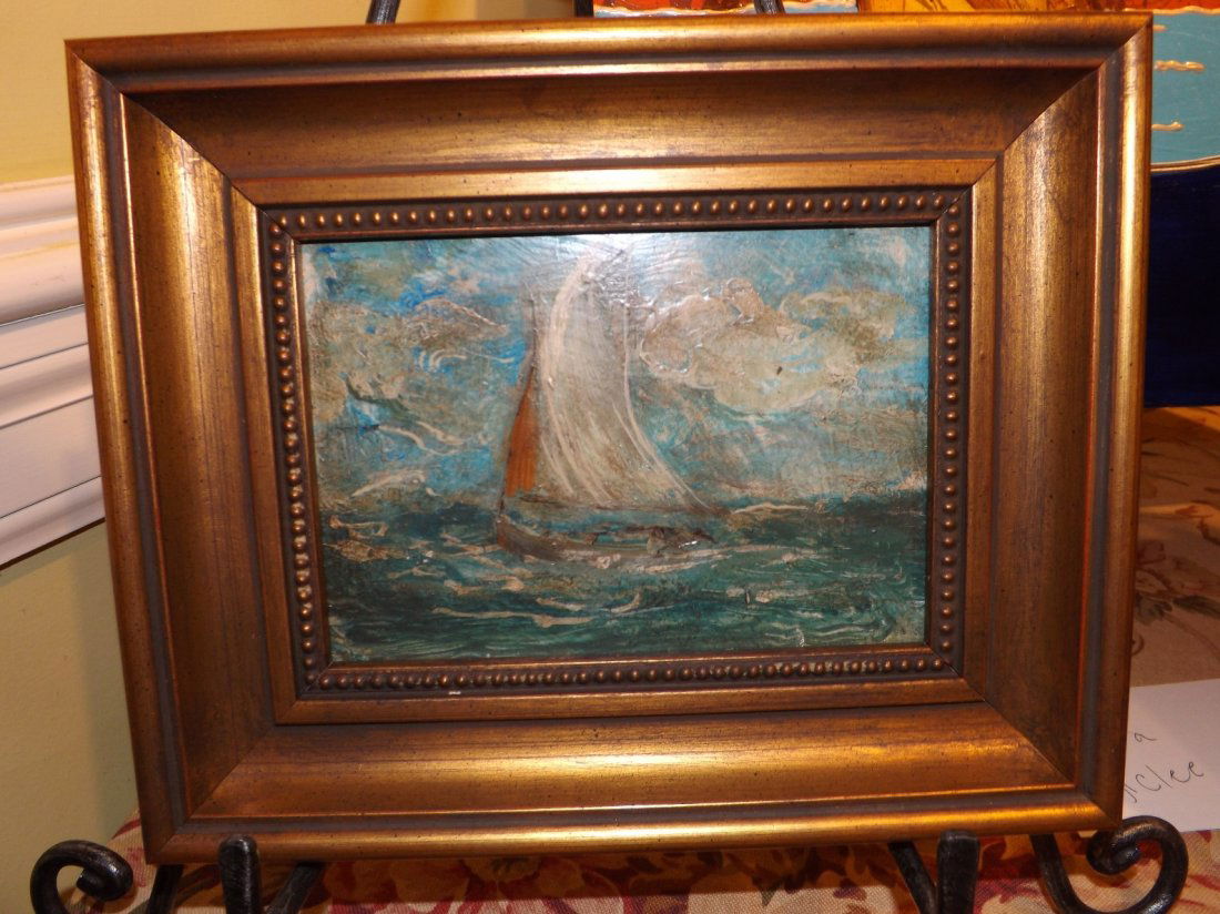 Sailboats: Oil on board by Mike Perry, measuring 5" x 7"