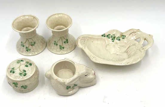 Belleek In Retrospect - Lot: EST 1857, marked 1999, candlesticks, candy dish, rabbit, sugar dish, see photos