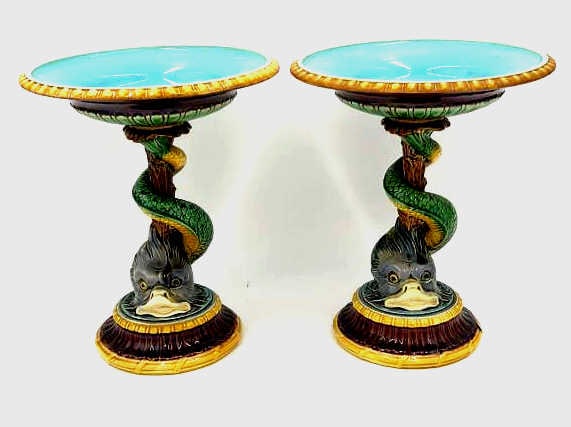 Pair Minton Majolica Figural Centerpiece Compotes: Circa 19th century, with Dolphins on stems, 10.25 inches by 8.5 inches, signed Minton on bottom, see photos
