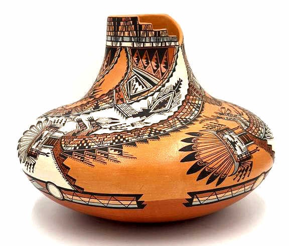 Large Lucy Leuppe McKeIvey Navajo Pottery Vase: Signed on bottom, Asdzaan KÃ­Ã­sÃ¡ani, Whirling Rainbow Goddesses of the Mountain Way Chant, 14.25 inches by 10.25 inches, see photos