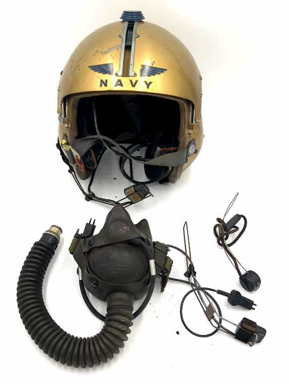 Vietnam Era US Navy APH-5 Flight Helmet: By MSA, Size medium, with visor, with oxygen mask and communication microphone, as is, see photos