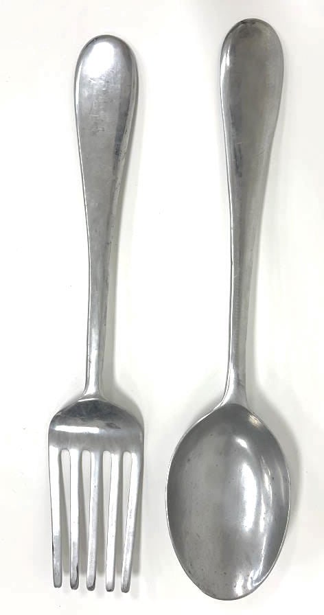 4 ft tall Spoon & Fork attrib to Curtis Jere: Aluminum, spoon 47 inches long by 10 inches, fork 46 inches long by 8.5 inches wide, see photos