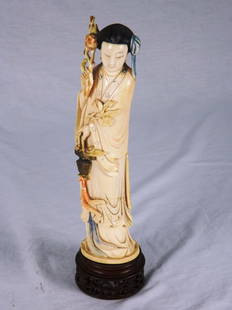 Ivory Female Immortal: Female immortal, He Xiangu, ivory, Republic Period, c. 1900-1925, 13 1/2" tall