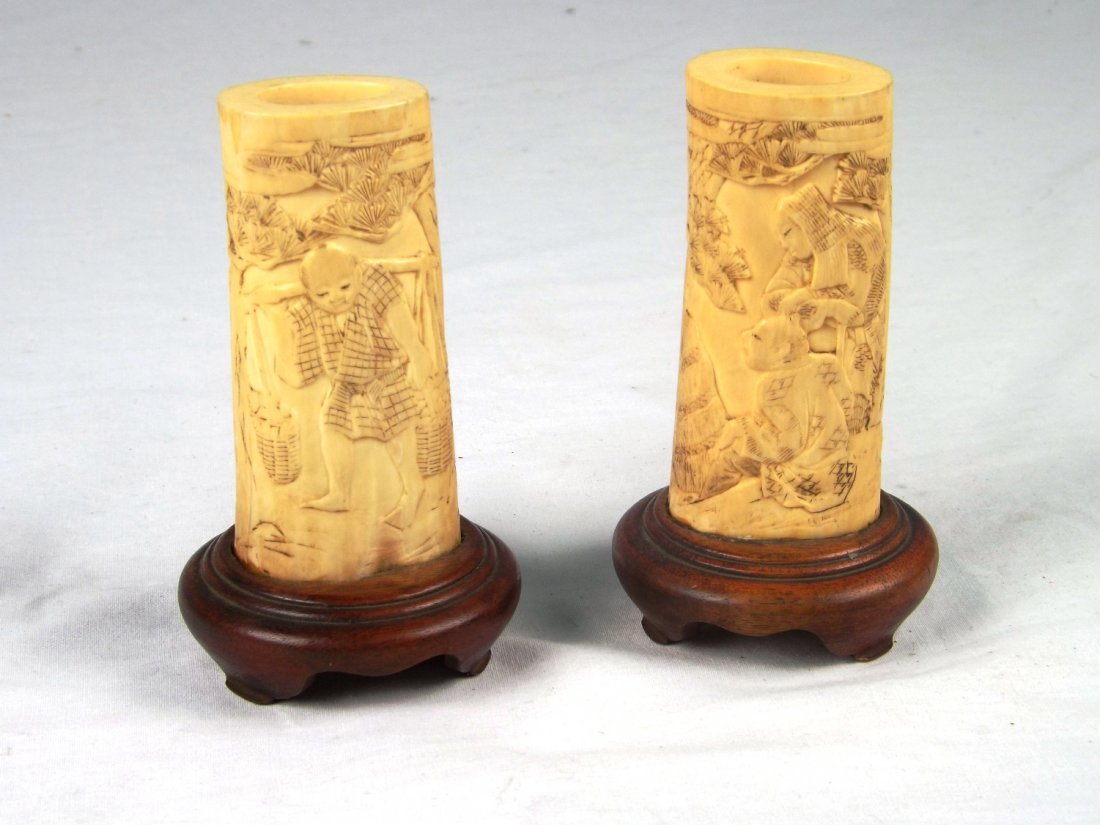 Japanese Pair of Bone Carvings: Japanese bone carvings, with custom stands, early 20th century, pair, 5" tall