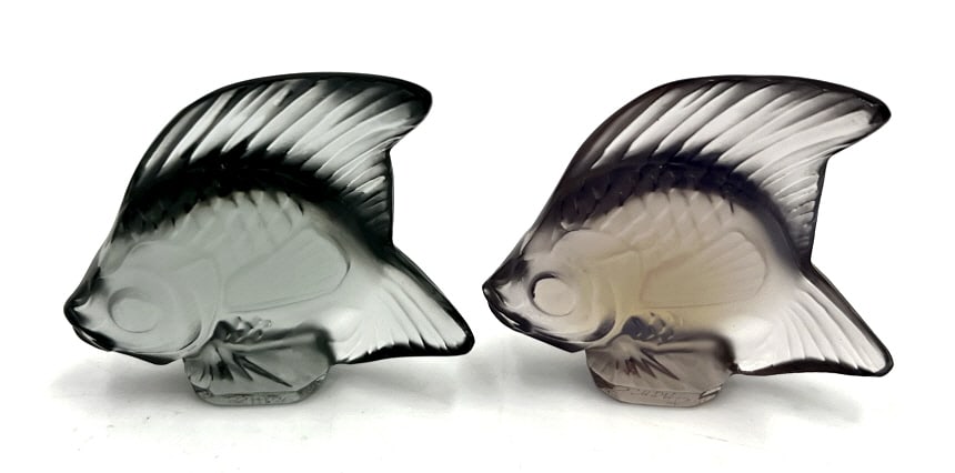 2 Miniature Lalique Crystal Fish Figurines: 2 inches by 2 inches, signed, see photos