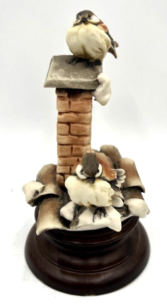 Italian Capodimonte Finches on Chimney Figurine: Signed , 1982 Florence, Finches on roof, stamped with blue crown over N, 7.5 inches by 5 inches, on wooden stand, see photos