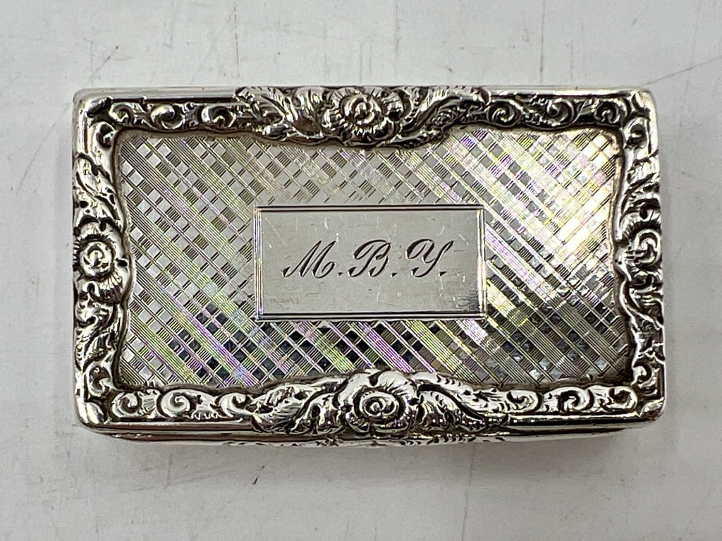 Antique Silver Hallmarked Pill Box: 2.625 inches by 1.625 inches, 70.9 grams total weight, personalized, hallmarked on inside of lid and base, see photos