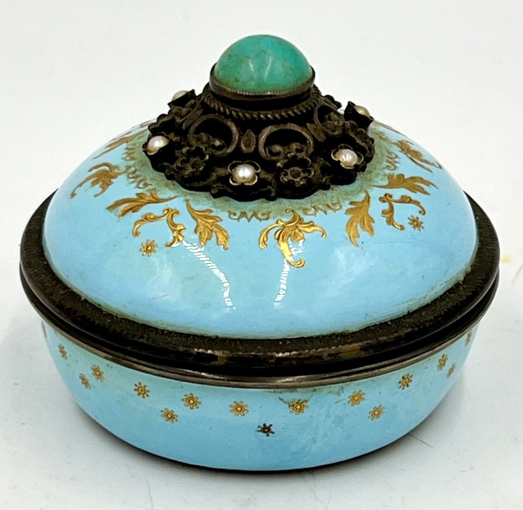 Antique Handpainted Porcelain Ormulu Pill Box: Turqouise stone on top of lid, 2.5 inches by 1.875 inches, unsigned, see photos