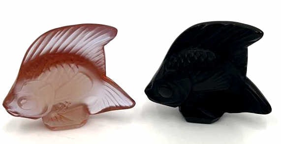 2 Miniature Lalique Crystal Fish Figurines: 2 inches by 2 inches, signed, see photos