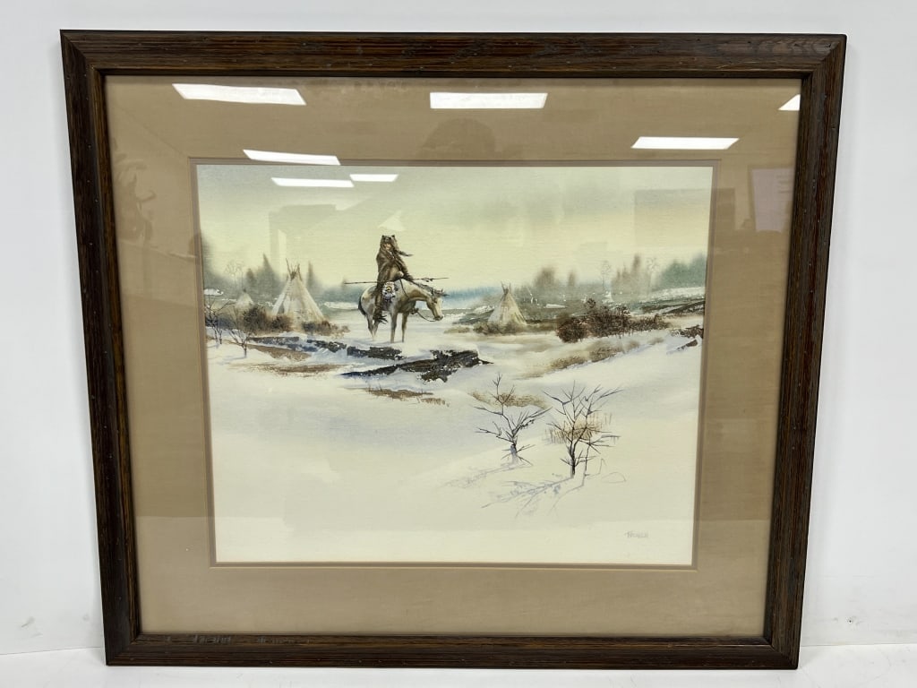 David Throndson Indian on Horse in Winter: 29.25 inches by 33 inches, Signed in lower left, see photos