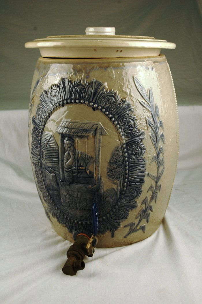 Crock with Lid: Crock with Lid, 16" tall, spigot, "Manufactured by Belknap Hdwe & Mfg Co., Louisville, KY"