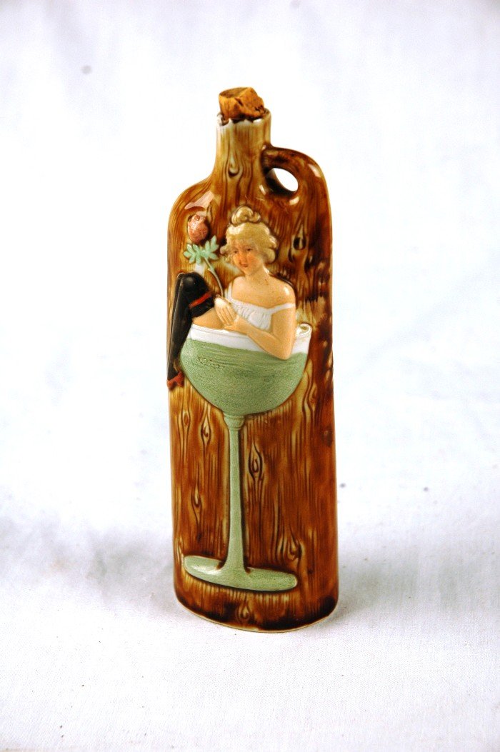 Old bottle with cork: Bottle with cork, girl in a glass decor, 6" tall