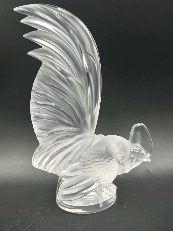 Lalique Frosted Glass Rooster Figurine: Signed on bottom, 8 inches by 5.25 inches, see photos