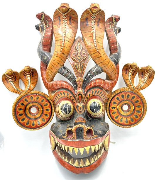 Sir Lankan Polychrome Handpainted Cobra Demon Mask: 21.25 inches by 20.25 inches, unmarked, see photos