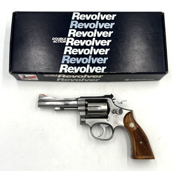 Smith and Wesson Model 67-2 Revolver: .38 S&W Special CTG, stainless steel, 4 inch barrel, S/N: BES5639, with original box, see photos