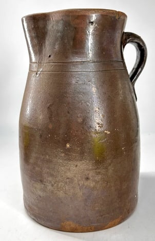 East Tennessee Stoneware Pitcher: Unmarked, 10 inches tall by 6 1/5 inches wide, some chips on rim, see photos