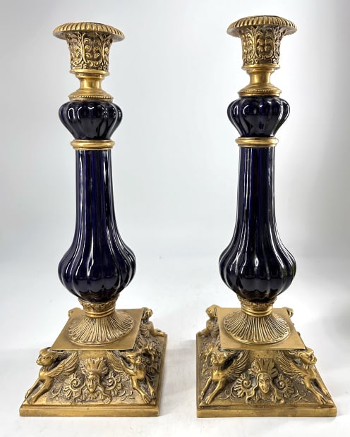 Late 20th Century Louis Philippe Candlestick: Holders, brass, 13 7/8 inches tall by 5 1/8 inches wide, marked on bottom, see photos