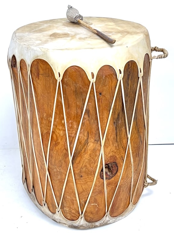 Native American Wood and Leather Drum with Mallet: 24.125 inches by 17 inches, see photos