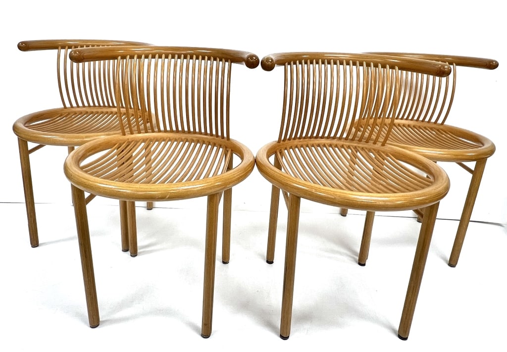 4 Helmut Lubke Mid Century Dinning Chairs: 29.375 inches by 20.125 inches, marked on bottom, has some signs of very minor wear, small scuffs, see photos