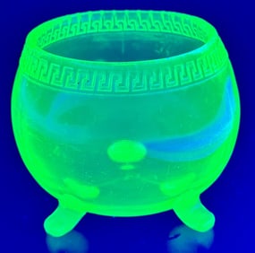 Three-Footed Greek Key Green Vaseline Glass Bowl