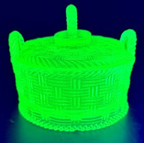 Citrine Green Vaseline Glass Woven Lidded Basket