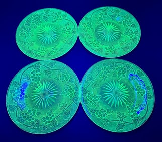 4 Green Vaseline Glass Grapevine Motif Plates