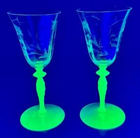 Pair of Clear to Green Vaseline Glass Wine Glass