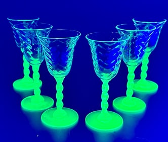 6 Clear to Green Vaseline Glass Cordial Glasses