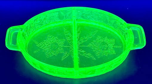 Hazel Atlas Green Vaseline Poinsettia Divided Dish