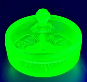 Vintage Green Vaseline Glass Divided Lidded Dish