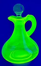 Green Vaseline Glass Cruet with Clear Stopper
