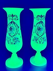 Pair of Bohemian Opaline Green Vaseline Glass Vase