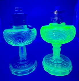 Pair of Aladdin Green Vaseline Glass Oil Lamps