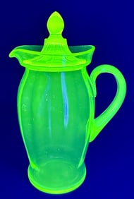 Green Vaseline Glass Pitcher with Lid