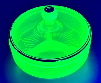 Green Vaseline Glass Three Divided Lidded Dish