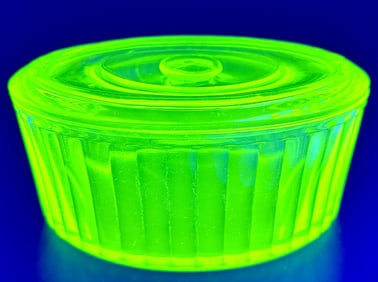 Oval Green Vaseline Glass Covered Dish