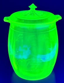 Green Vaseline Glass Lidded Cookie Jar