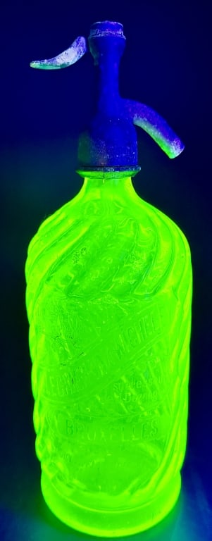 Antique Green Vaseline Glass Spritzer Bottle: German, with nozzle, 12.5 inches by 4 inches, see photos