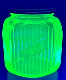 Hoosier Green Vaseline Glass Cookie Jar