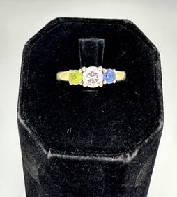 14k Gold Three Stone Diamond/Sapphire/Peridot Ring