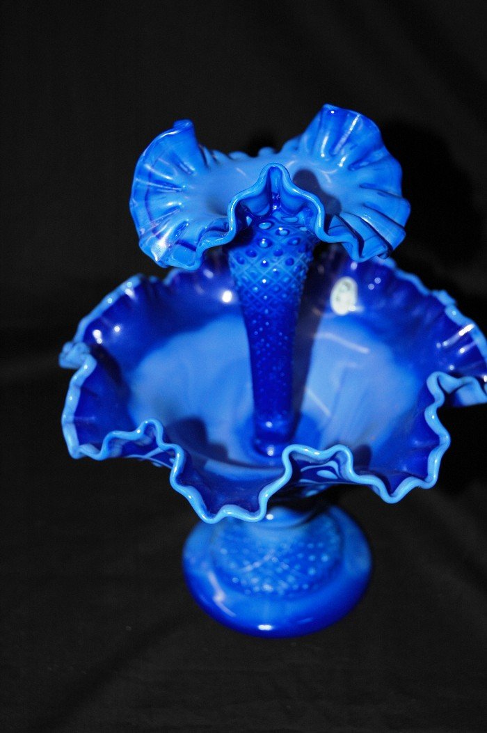 Fenton Epergne: Fenton (lable) Epergne, blue, hobnail, 10 1/2" tall