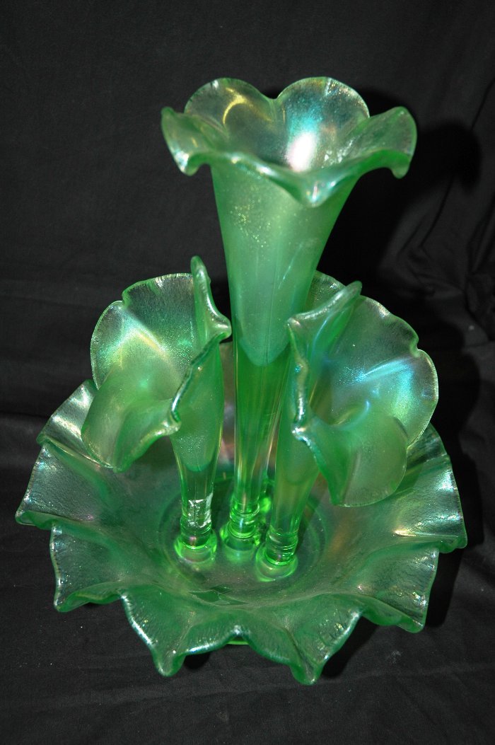 Epergne: Green iridescent epergne with 4 flutes, Fenton (impressed), 13 1/2" tall