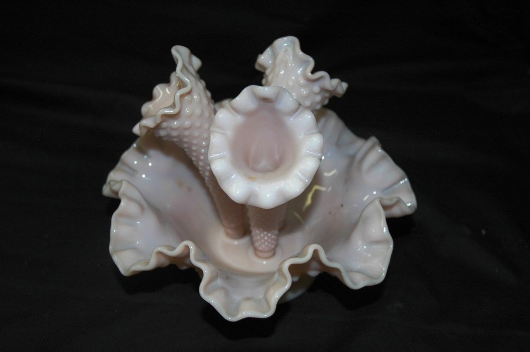 Epergne: Pink hobnail epergne, three flutes, 7" tall