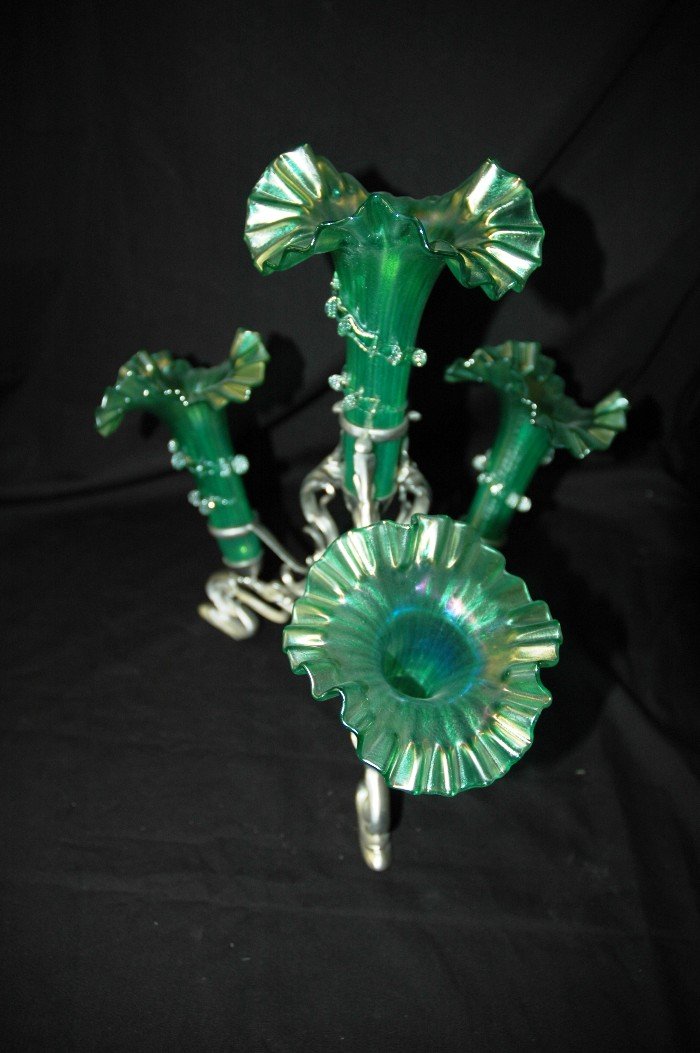 Epergne: Epergne, green inserts, 4 flutes, base is metal, 12" tall