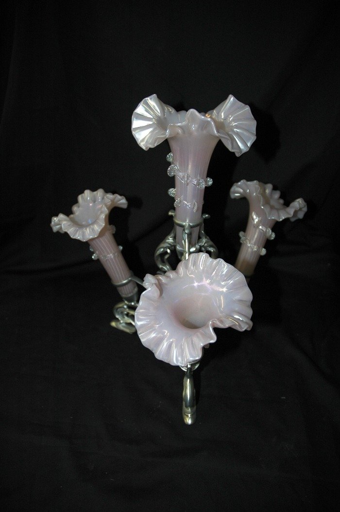 Epergne: Epergne, pink inserts, 4 flutes, metal base, 12" tall